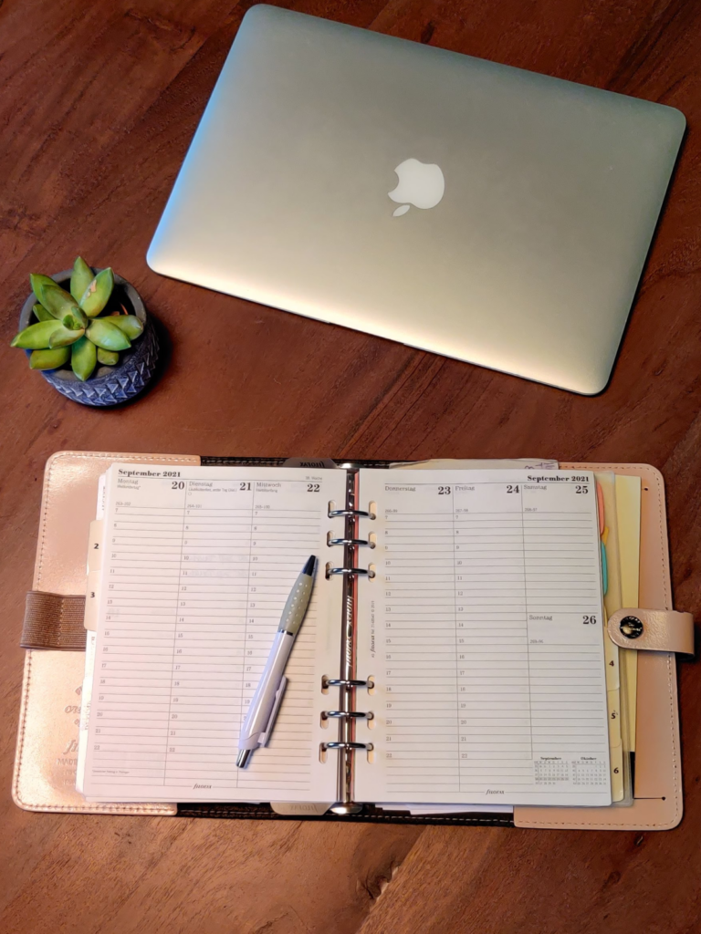 Das Bild zeigt einen Laptop im oberen rechten Eck, links darunter einen kleinen Sukkulenten und darunter einen noch unbeschriebenen Terminkalender mit darauf liegendem Kugelschreiber. Symbolbild für die psychologische Onlinepraxis.